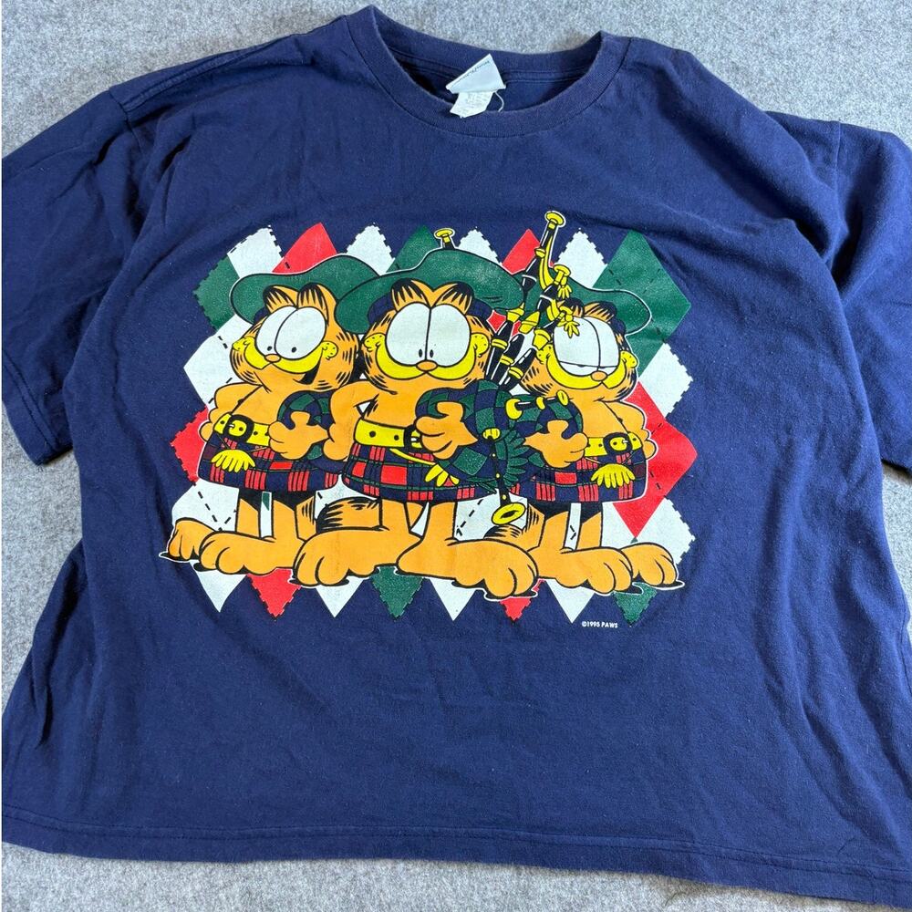 Vintage 90s Garfield Bagpipes Shirt Womens 1X Plus Blue Scottish Kilt Cartoon